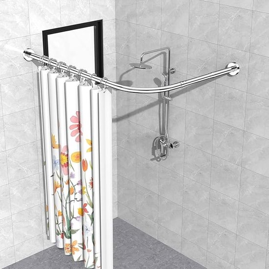 Douchegordijnstangen Zonder Boren, 304 Roestvrij Staal, L-Vorm, Telescoopstang, 75-105 x 115-175 cm, Incl. 18 Ringen, Zonder Plafondhouder Douchegordijnstangen Zonder Boren, 304 Roestvrij Staal, L-Vorm, Telescoopstang, 75-105 x 115-175 cm, Incl. 18 Ringen, Zonder Plafondhouder