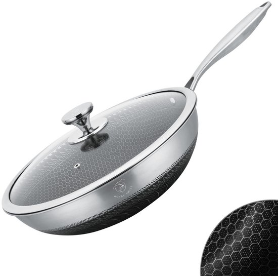 Royal Swiss® Wokpan Ø 32 cm – PFAS & PTFE vrij – RVS Triply Honingraat Anti-aanbak – Inductie & alle warmtebronnen – Glazen Deksel
