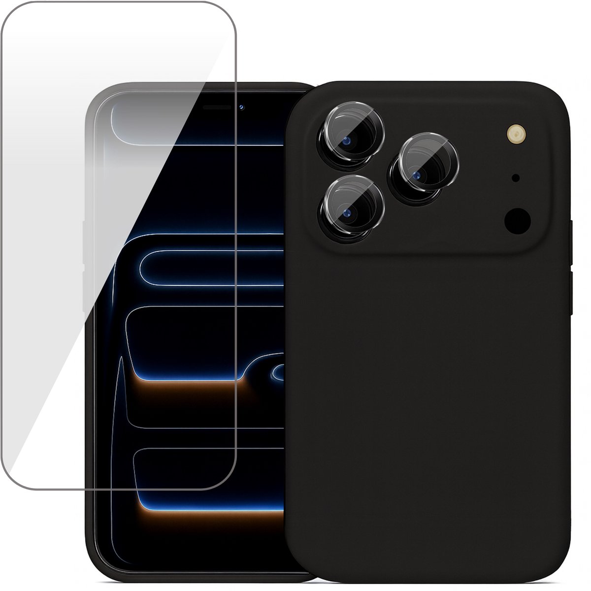 Hoesje geschikt voor iPhone 17 Pro Max - Screenprotector Glas & Camera Protector - Mat Back Case Zwart
