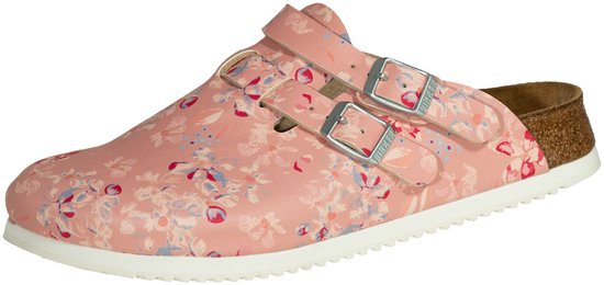 Roze BIRKENSTOCK Kay klomp met een bloemenprint in roze, blauw en rood. Met twee gespen.