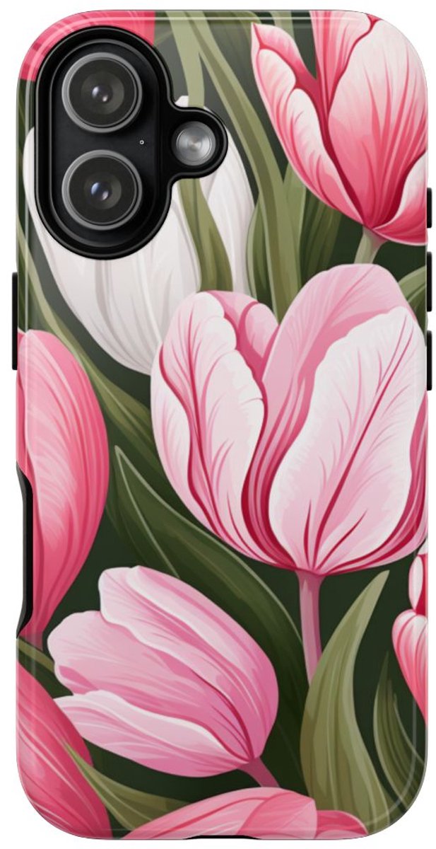 Roze en Witte Tulp Bloemenpatroon – Telefoonhoesje Geschikt voor iPhone 17