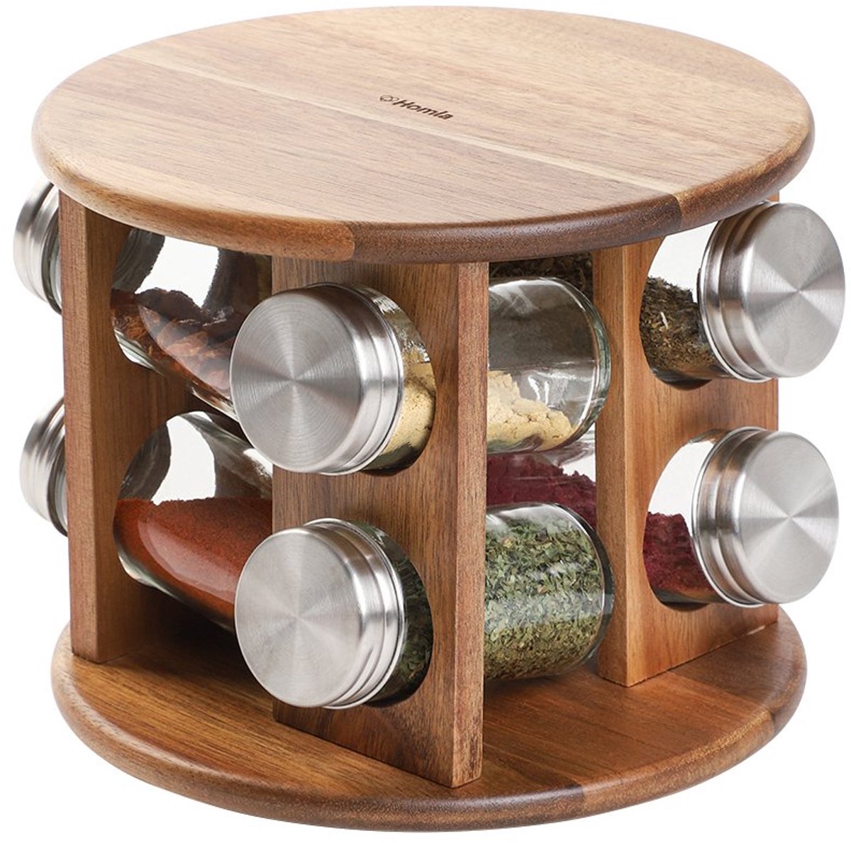 HOMLA - Spice Set - MOOKA - 8 Glazen Potjes op Acacia Hout Stand