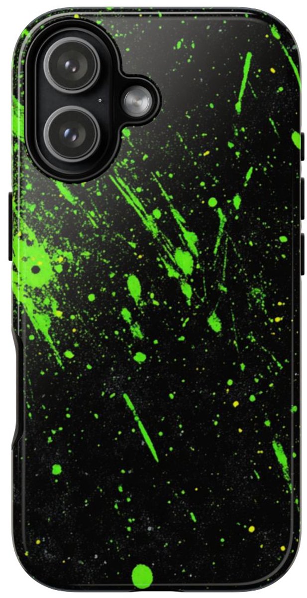 Neon Groene Spetters op Zwarte Achtergrond – Telefoonhoesje Geschikt voor iPhone 17