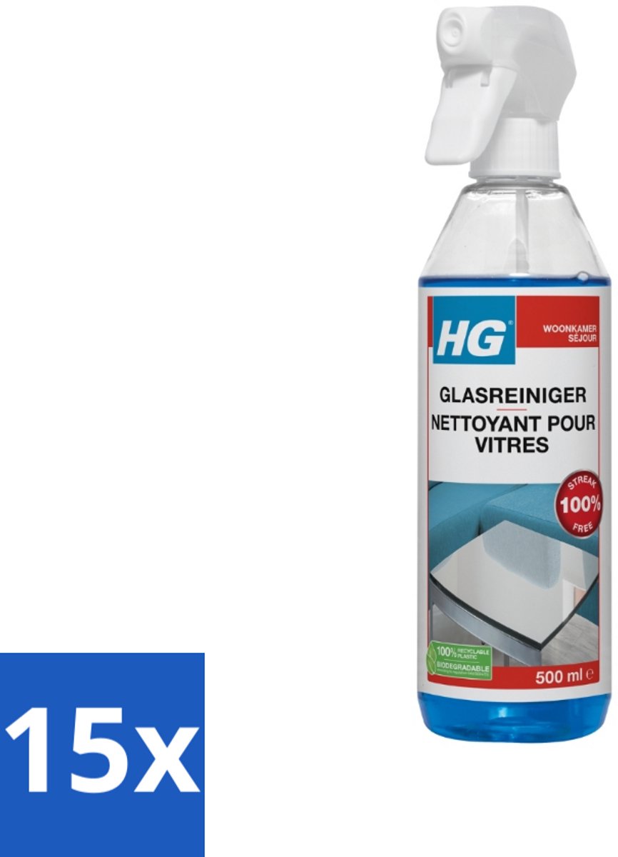 15 x HG Glasreiniger 500 ml - Glas Reinigen - Streeploos Schoonmaken - Glazen Reiniger - Spiegel Reinigen - Vet Verwijderen
