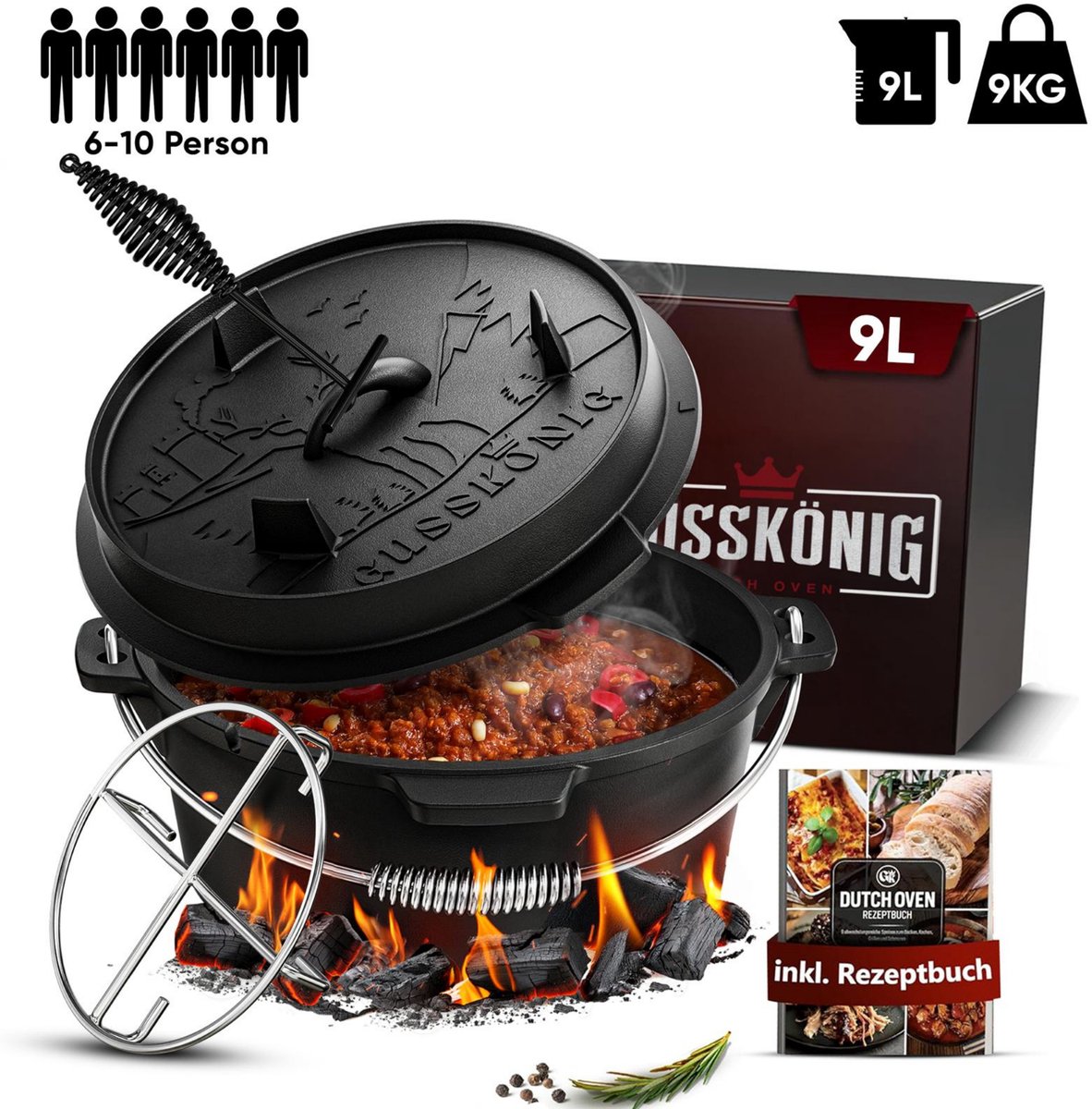 GUSSKÖNIG Ingebrande Dutch Oven Set met voetjes, incl. dekselheffer - dutch oven gietijzer borstel & receptenboek