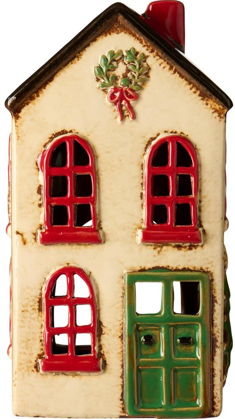 Ib Laursen - Keramieken huisje / kersthuisje - Wit met groene deur en kerstkrans - waxinelichthouder