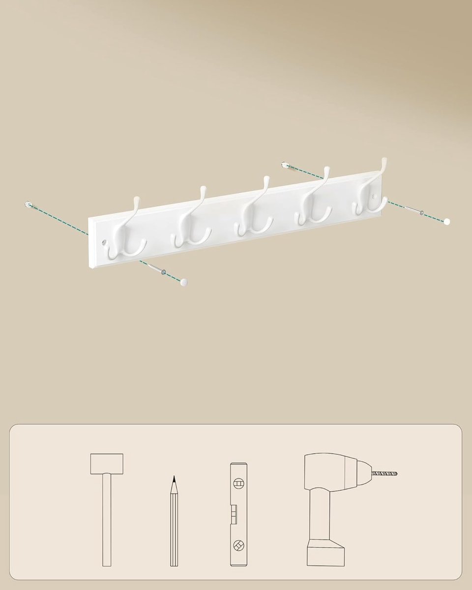 Songmics Wandkapstok, kapstok, 5 drievoudige metalen haken, haakrek voor kleding, tassen, sleutels, voor hal, slaapkamer, woonkamer, voorgemonteerd, wolkwit LHR305W01