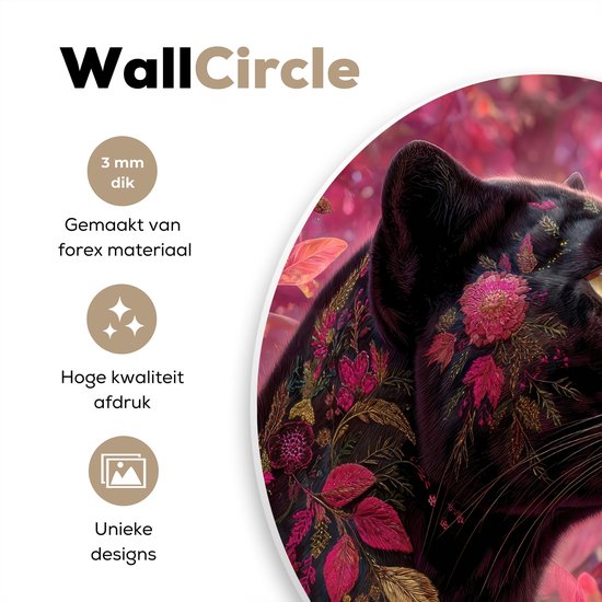WallCircle® Wandcirkel 60x60 cm - Muurcirkel Luipaard - Bloemen - Roze - Muurdecoratie woonkamer - Wanddecoratie slaapkamer - Kamer decoratie accessoires - Ronde schilderijen