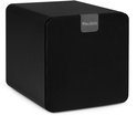 Zwarte Audizio subwoofer met logo op de voorkant.