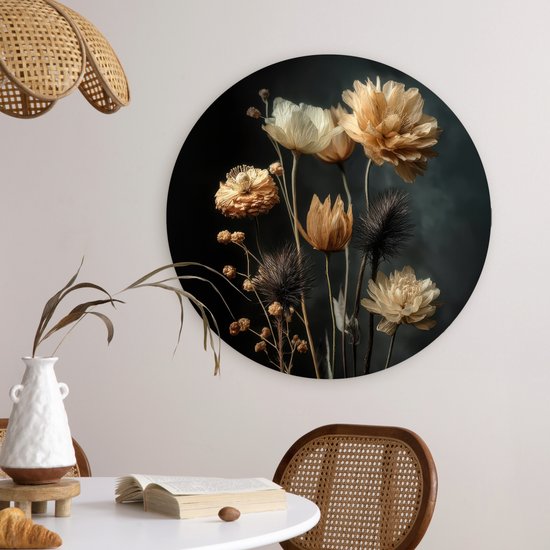 WallCircle® Cercle Mural 60x60 cm - Cercle Mural Bouquet - Fleurs - Clair - Zwart - Décoration murale salon - Décoration murale chambre - Accessoires de décoration de chambre - Tableaux ronds