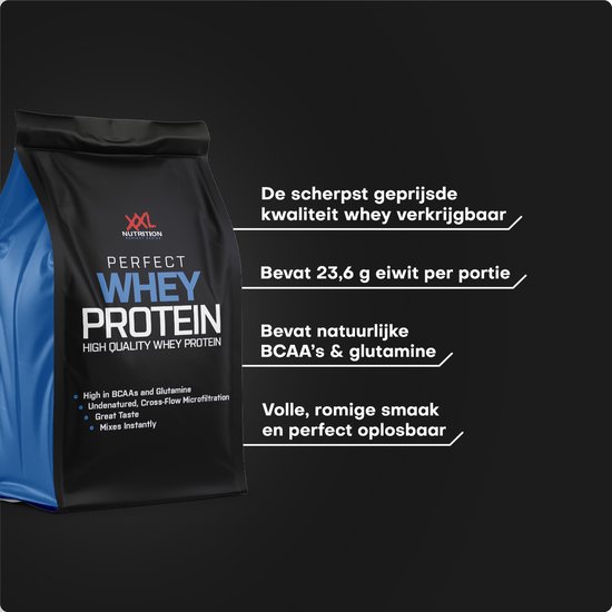 Zwarte en blauwe zak Perfect Whey Protein. Bevat 23,6 g eiwit per portie.