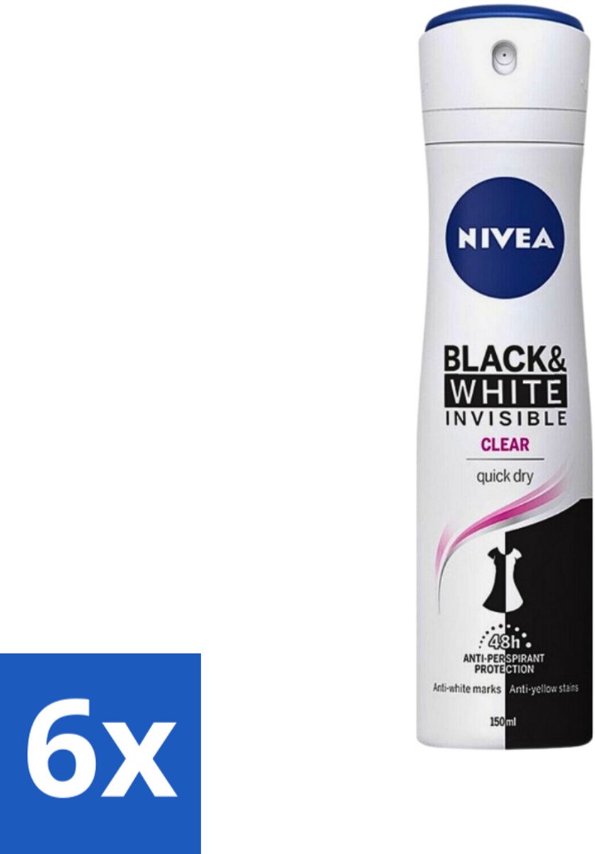 6 x Nivea - Deospray - Invisible Black & White - 48 Uur Lange Bescherming - 150 ml - NIVEA Deodorant Spray - Anti-transpirant - 48 Uur Bescherming - Witte Strepen - Gele Vlekken