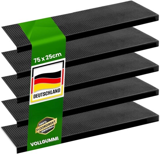 Tapis d'escalier en caoutchouc FLOORDIREKT - Set de 5 - Tapis d'escalier résistant aux intempéries et antidérapant - Tapis d'escalier en caoutchouc pour extérieur - Tapis d'escalier - Tapis antidérapant Santiago - 25 x 75 cm