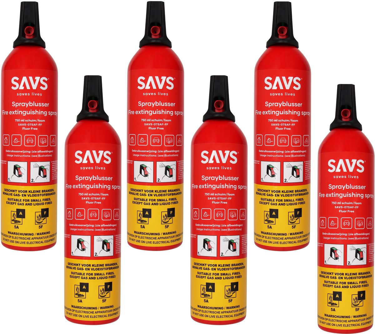 SAVS® Sprayblusser Vetblusser schuim 750 ml - 6-pack - 5A 5F - Geschikt voor keuken, huis, auto, boot, caravan of camper - Brandblusser - Schuimblusser