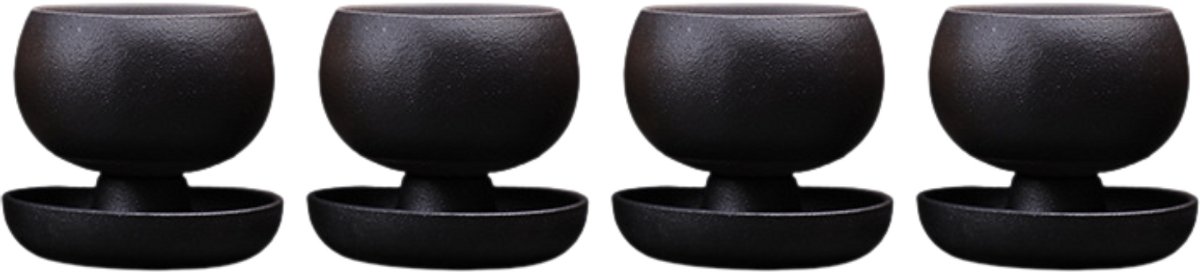JinSho - 4 Japanese Style kop en schotel - Zwart - Ceramic - 150ml - Cappuccino formaat