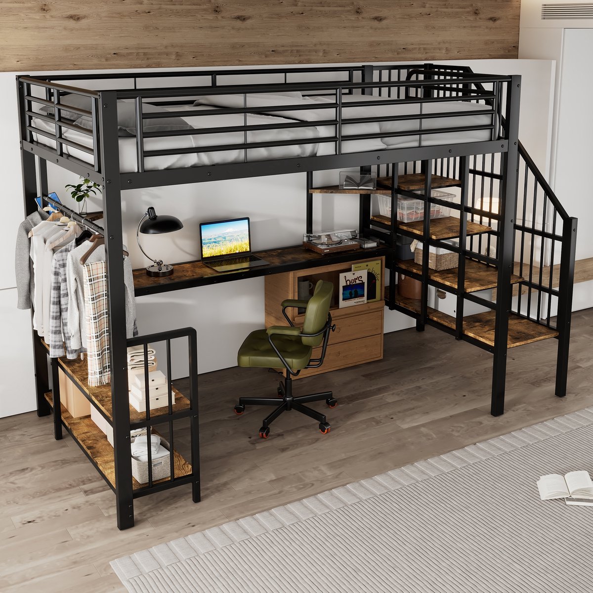 Sweiko Hoogslaper - 120x200cm - Met bureau - Oplaadpoorten - Opbergplanken - IJzer + MDF - Zwart + Bruin