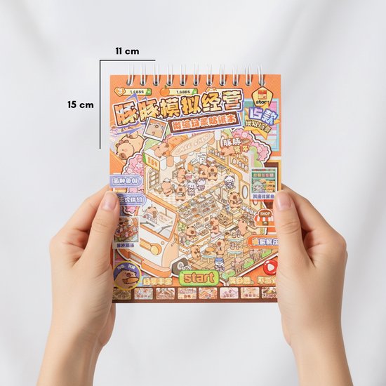 Een handen houden een oranje stickerboek met een capybara-thema, getiteld 'CAKE SHOP'. Afmetingen 11x15cm. Gedetailleerde illustratie van een drukke bakkerij met capybara's.