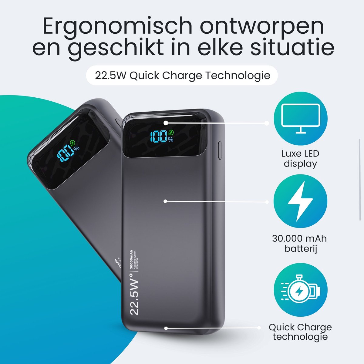 Siltcon® Powerbank 30000 mAh– Powerbanks - 22.5W Snellader – USB-C / A - LED Indicatie - Noodpakket – Universeel voor Telefoons, Tablets & Meer– 3 Poorten - 4 Geïntegreerde kabels – Zwart — afbeelding 7