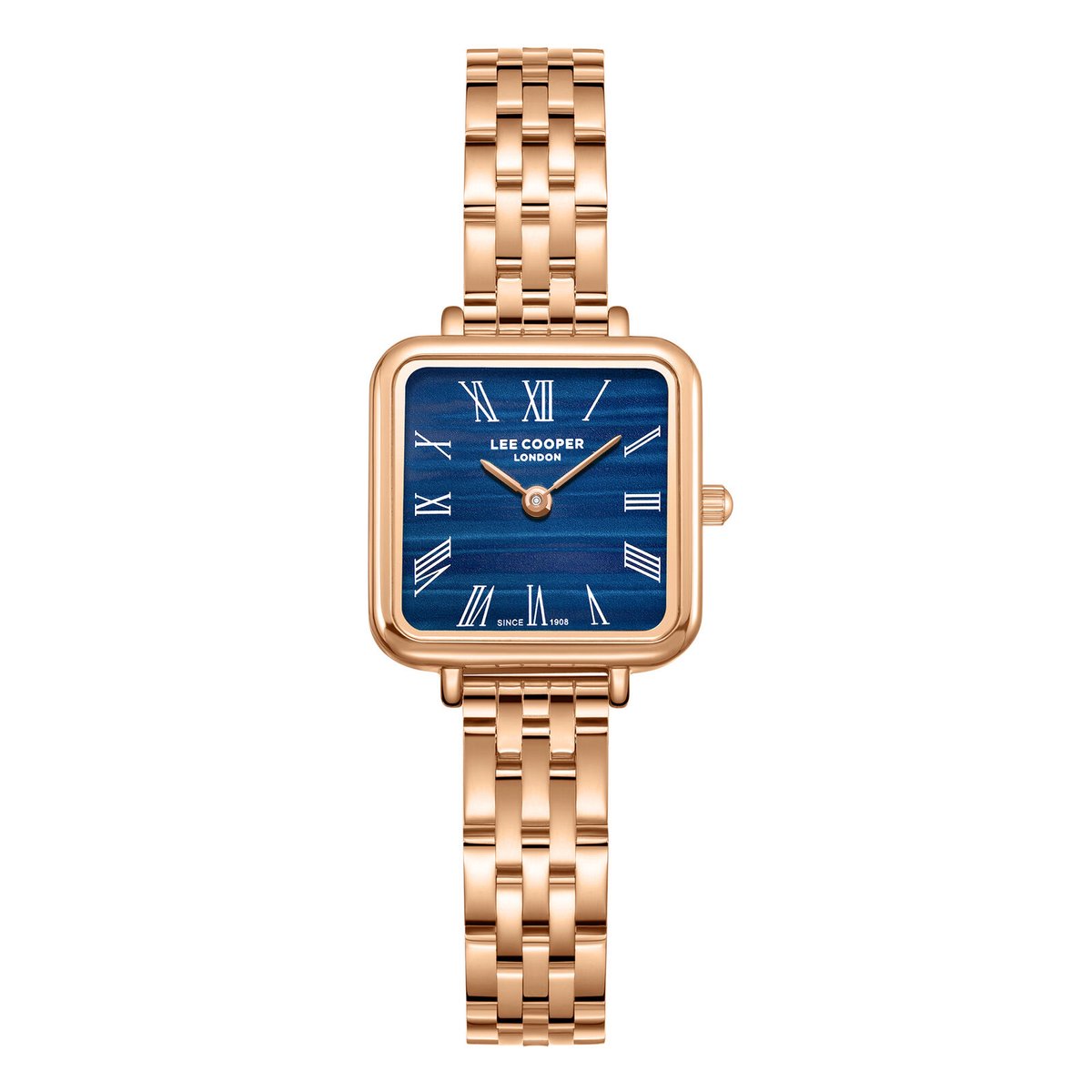 Lee Cooper LC08226.490 - Horloge - Polshorloge - Analoog - Dames - Vrouwen - Stalen band - Metaal - Vierkant- Romeinse cijfers - Rosékleurig - Donkerblauw- Wit