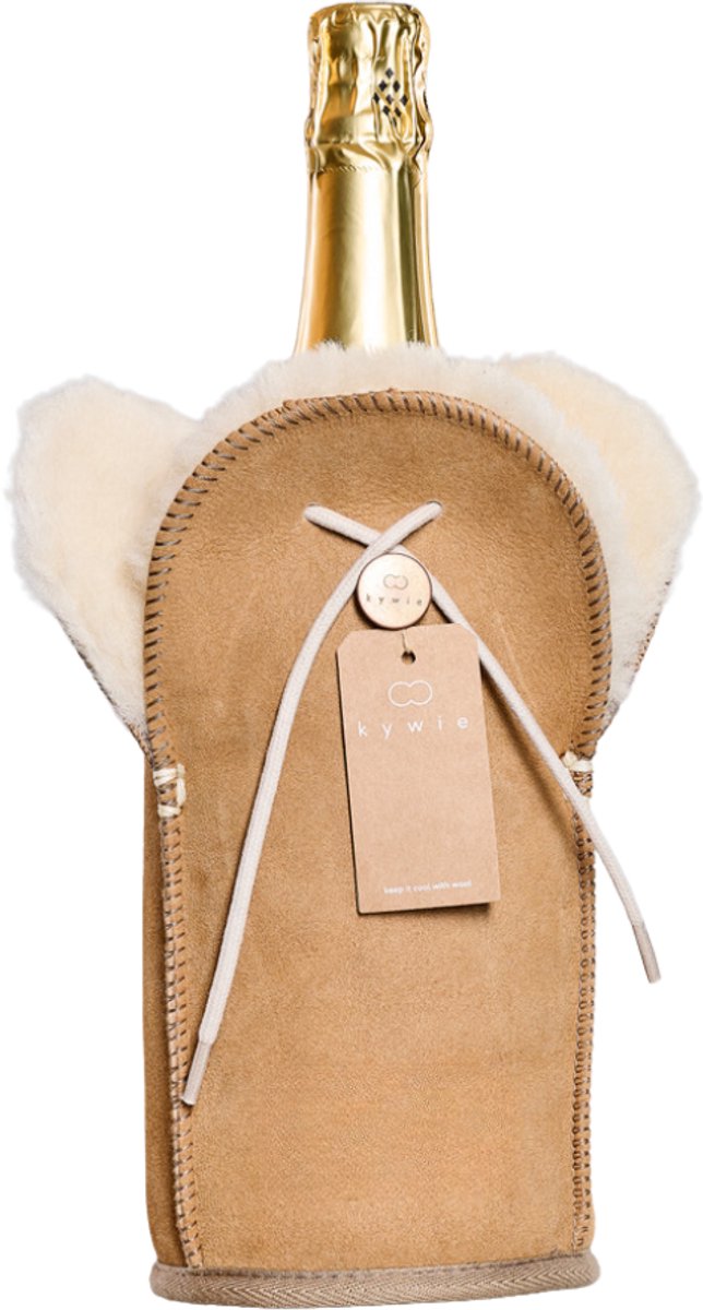 Kywie® champagnekoeler van schapenvacht – wijnkoeler - 100% natuurlijk – 0,75l – temperatuurbehoudend - geschikt voor champagne, wijn, bourgogne, waterflessen - Camel suède