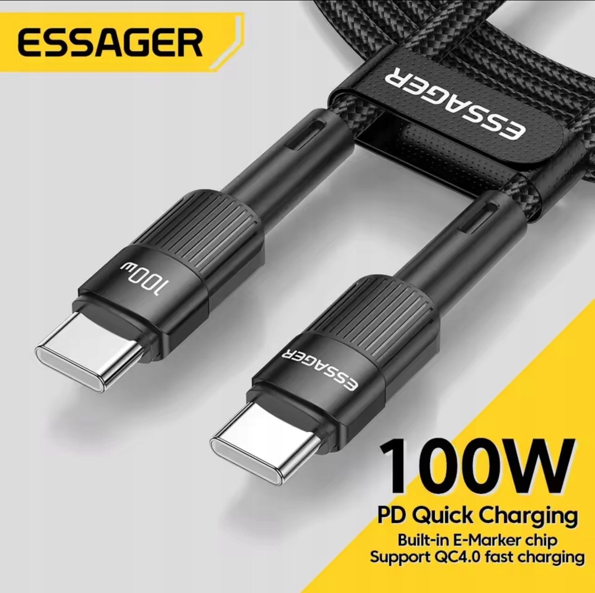 Essager USB-C naar USB-C Kabel 2m Zwart 100W - Snel Laden & Data