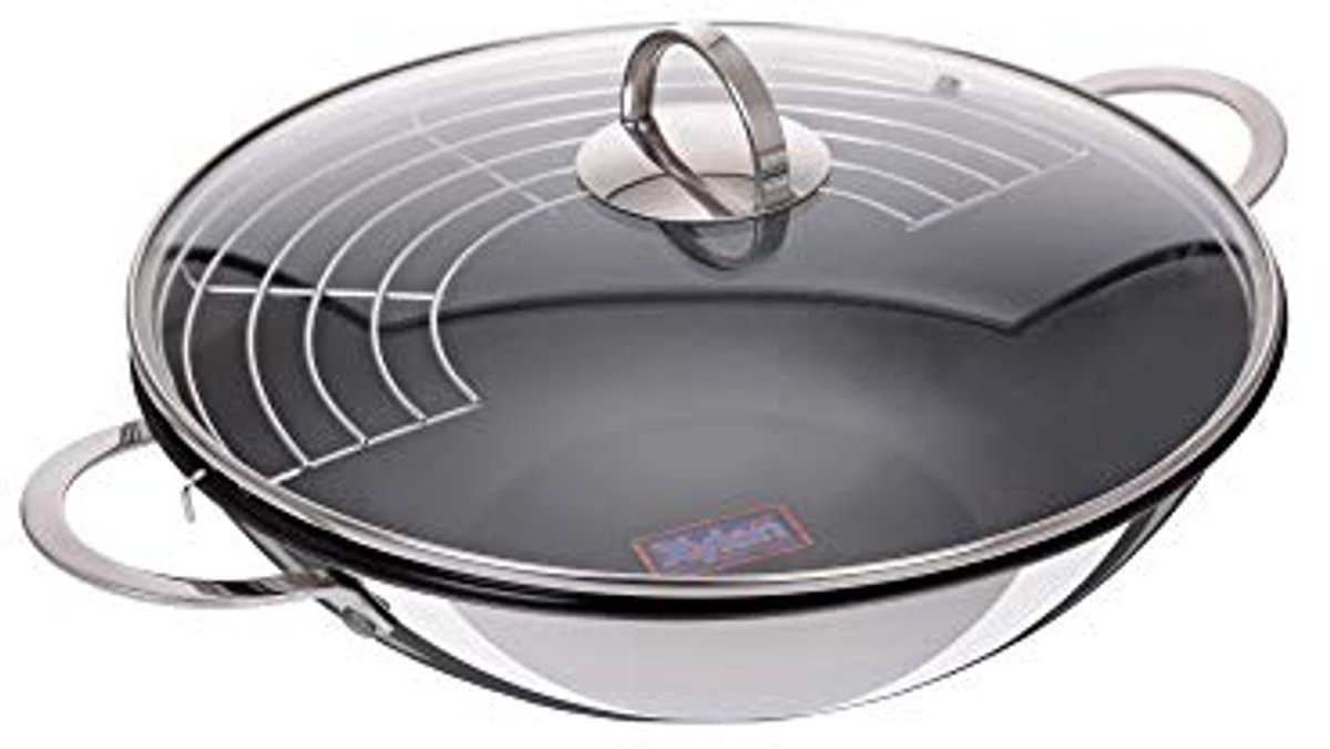 Wokset 32 cm met antiaanbakcoating, glazen deksel en legrooster