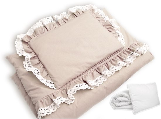 Foto: Babybeddengoed 4 delig katoen met ruches rand beige