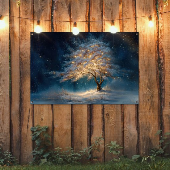 Tuinposter 120x80 cm - Tuindecoratie Levensboom - Nacht - Donker - Blauw - Poster voor in de tuin - Buiten decoratie - Schutting tuinschilderij - Tuindoek muurdecoratie - Wanddecoratie balkondoek