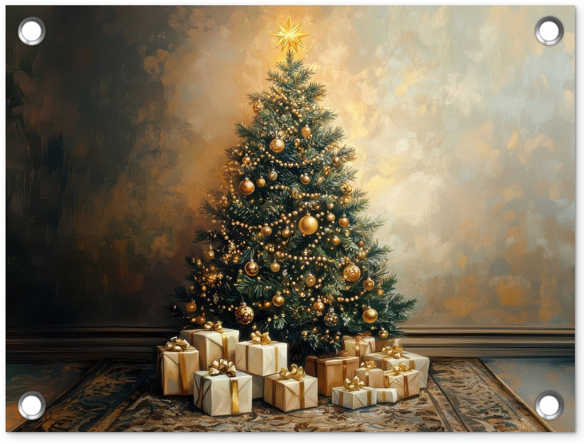 Tuinposter met gouden kerstboom en cadeaus voor buiten decoratie.