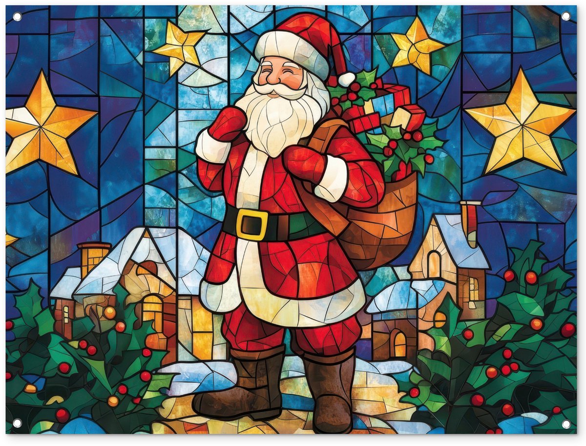 Kleurrijke kerstman tuinposter op glas, afmeting 120x90 cm voor buiten decoratie.