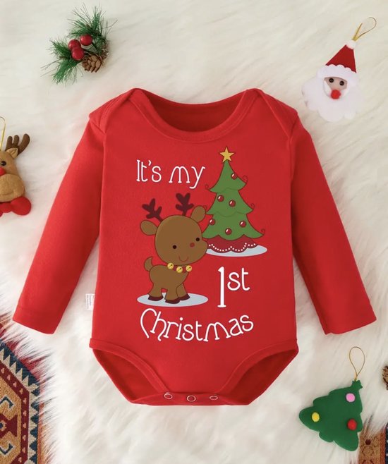 kerst baby rompertje lange mouw foute kersttrui rood 0-3 maanden mijn eerste Christmas