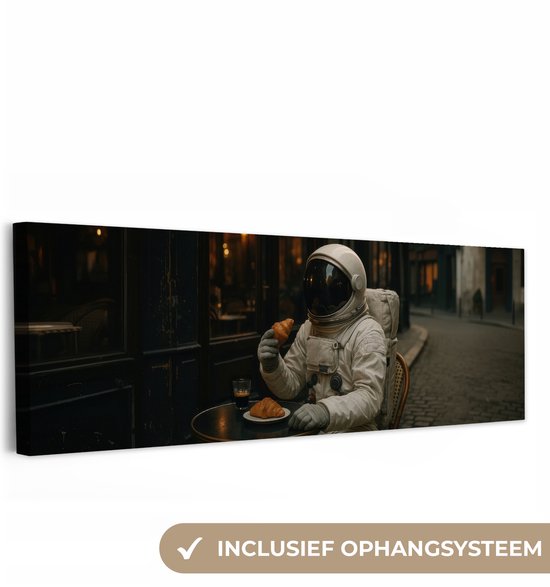 Canvas schilderij 60x20 cm - Exclusieve wanddecoratie Café - Croissant - Koffie - Astronaut - Muurdecoratie woonkamer - Slaapkamer decoratie - Kamer accessoires - Schilderijen op canvas
