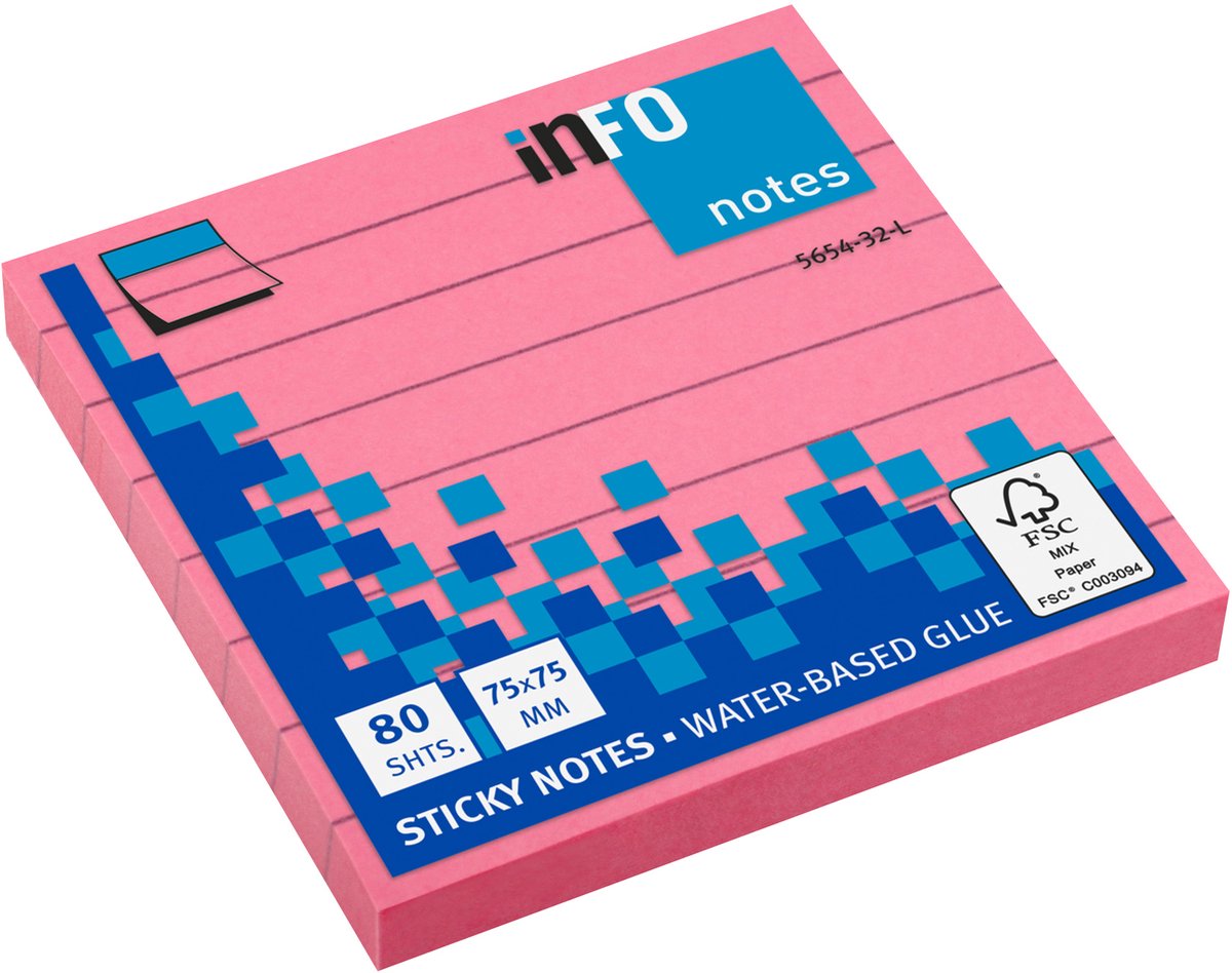 Info sticky notes - Brilliant - 80 vel - 75x75mm - gelinieerd - roze - IN-5654-32-L