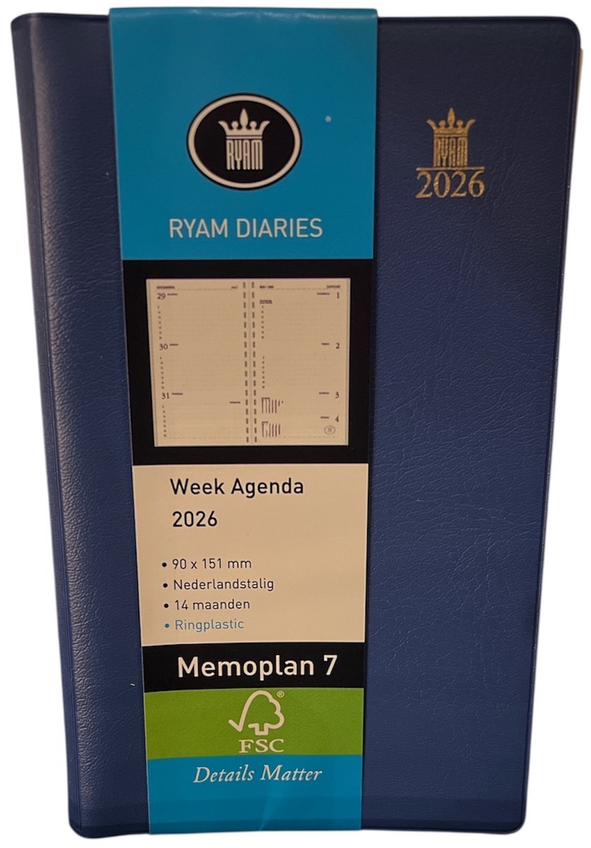 Zakagenda 2026 - Ryam BLAUW - Zachte Kaft met Ringband (9cm x 15cm)