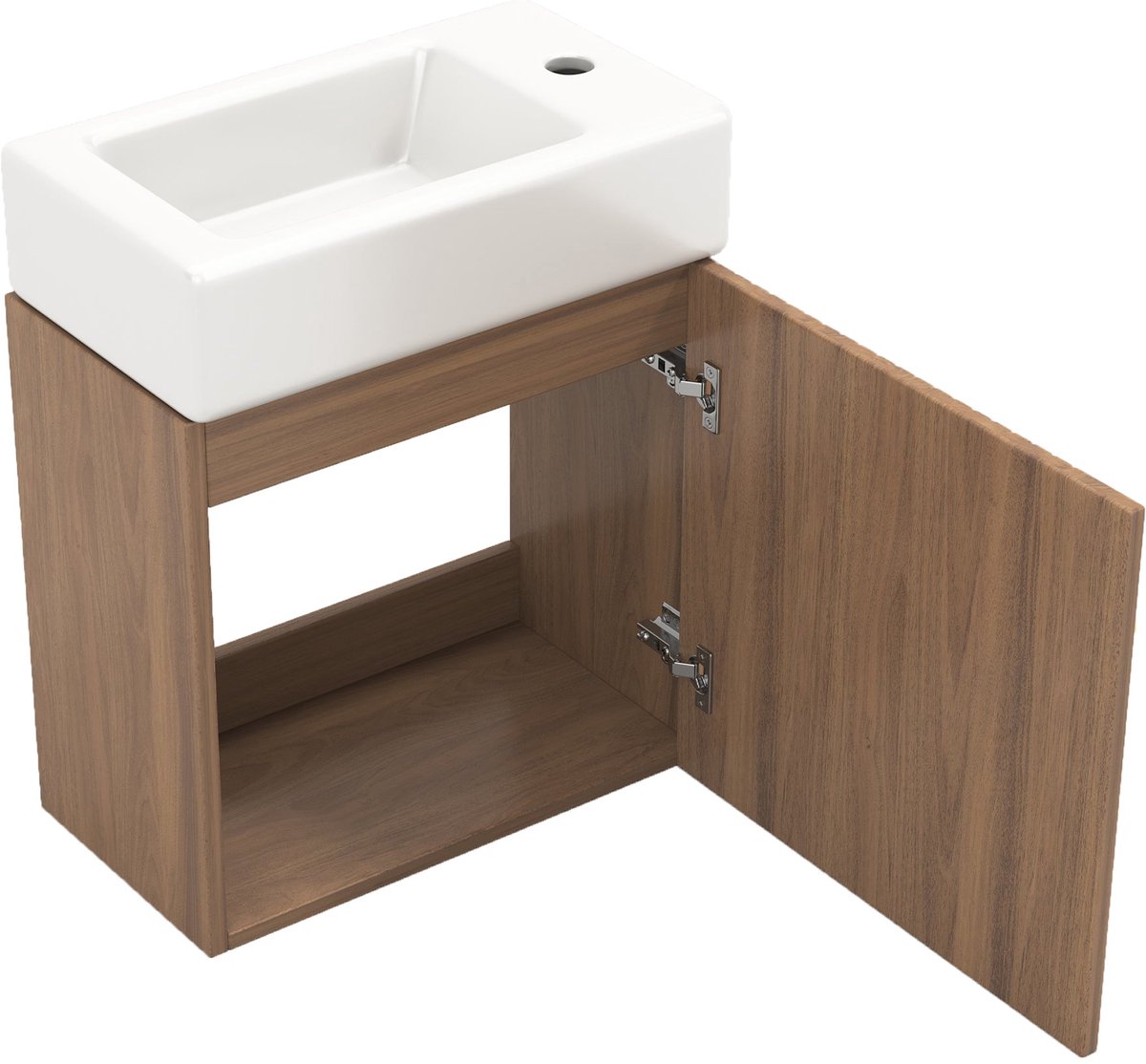 Merax Badkamermeubel 46 cm – Hangende Wastafel met Onderkast – Kleine Badkamer Kast – MDF en Keramiek – Wit met Hout Bruin