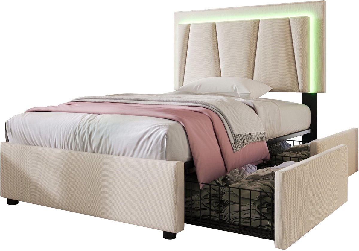 Merax Gestoffeerd Bed 90x200 cm met LED-Verlichting en Verstelbaar Hoofdbord - Slaapbank met 2 Opberglades - Beige