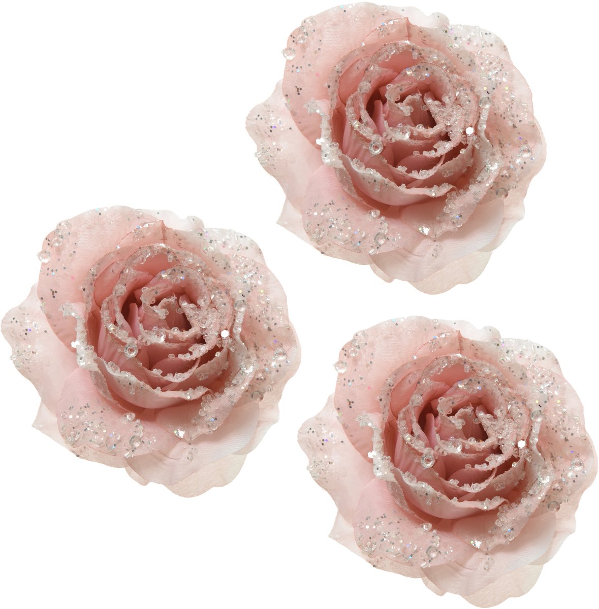 Decoris Decoratie roos - 3x - op clip - poeder roze - D14 cm - kunststof - kerstbloem - bloemen - kerstboomversiering - kerstornamenten