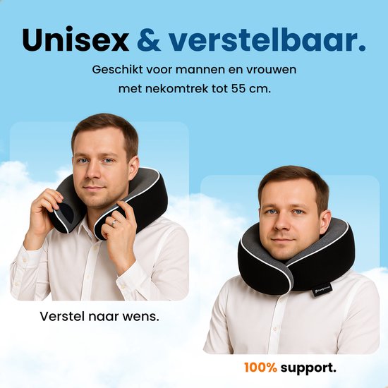Homme portant un coussin de nuque noir et réglable avec doublure grise. "Unisexe et réglable".