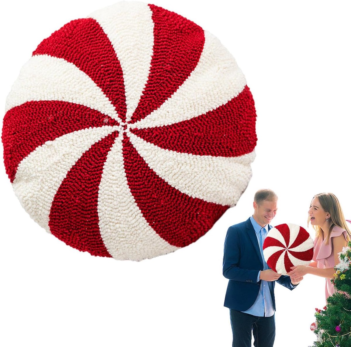 Kerst windmolen snoepkussen - Een rood rond kussen voor op de bank in de woonkamer - spiraalvormig lolly-ontwerp - Geschikt als kerstdecoratie voor op de bank en in de woonkamer ( Diameter 38 cm ) – foto 5