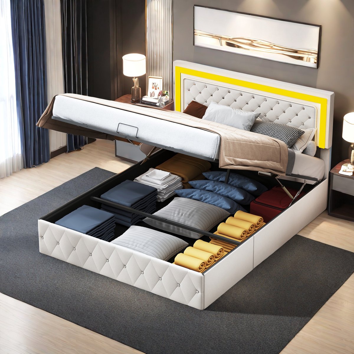 ROSAHQNDA Modern gestoffeerd bed, LED tweepersoonsbed, 160 x 200 cm, hydraulisch bed met opbergruimte, elegant fluwelen bedframe zonder matras (verzonden in 2 pakketten) Beige 160x200cm