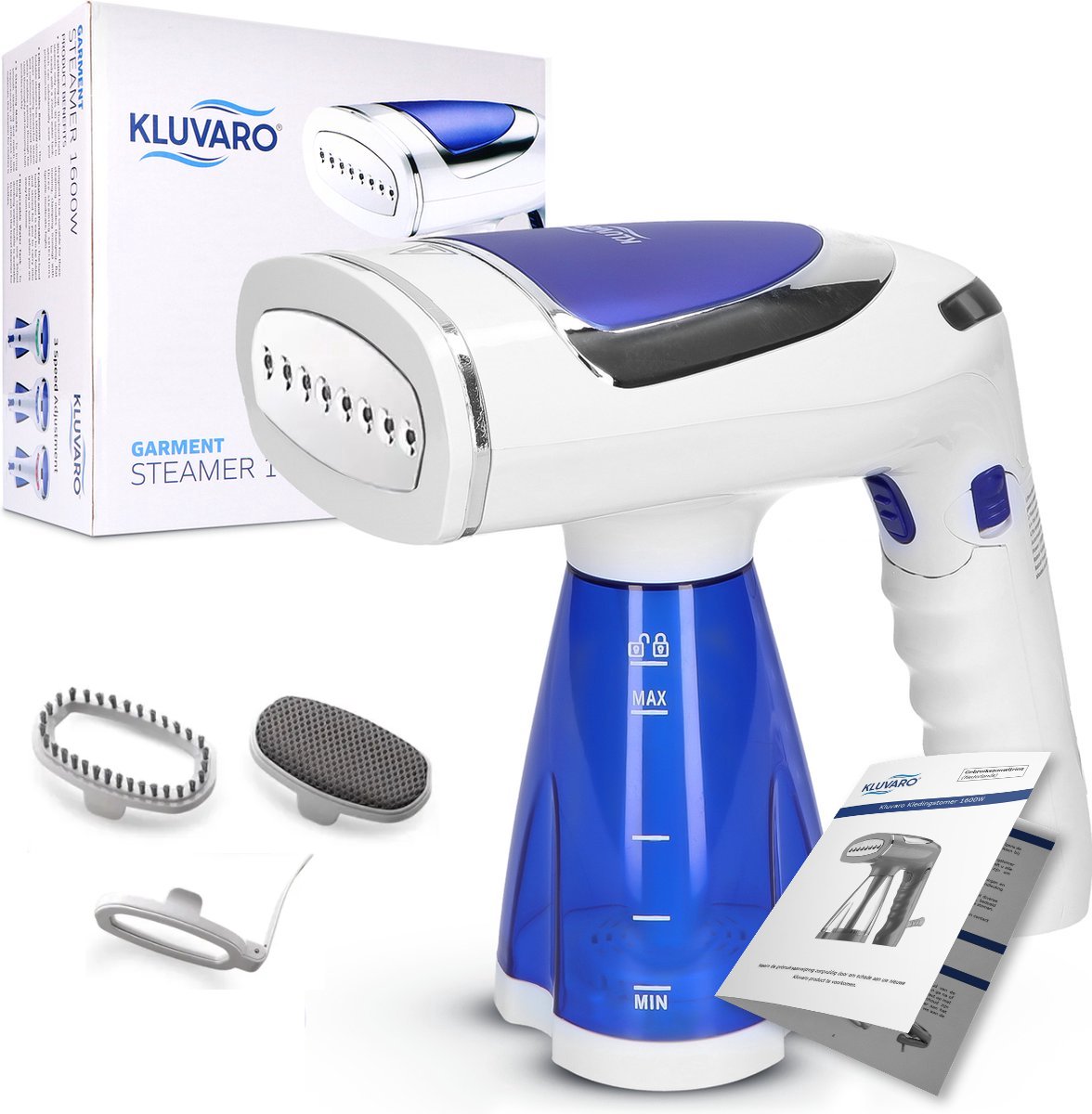 Kluvaro Kledingstomer - Handstomer voor kleding en meubels - Stoomapparaat - 3 opzetstukken - Stoomreiniger - Snelle opwarmtijd - 1600W - 250ml - Blauw/wit