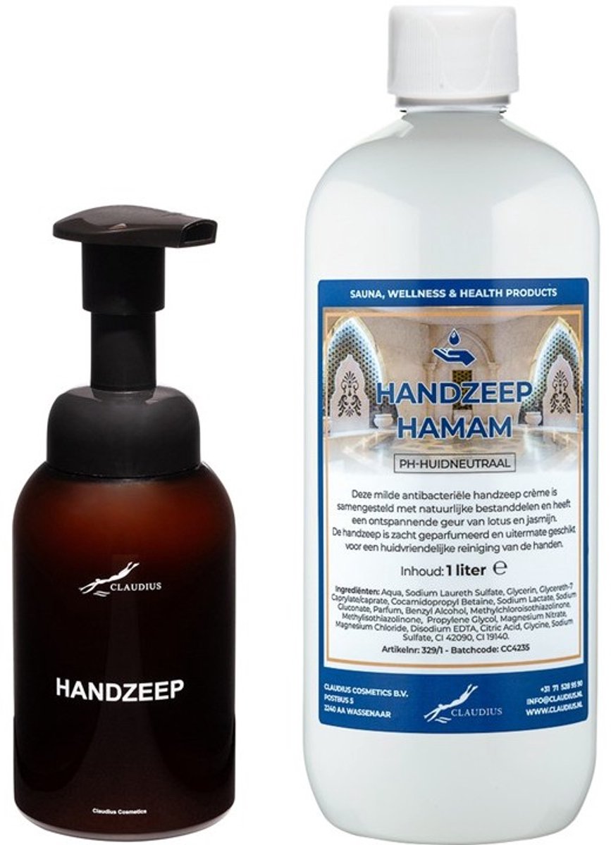 Zeepdispenser 300 ml amber bruin hervulbaar + 1 liter Handzeep Hamam navulling