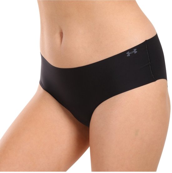 Zwart Under Armour hipster broekje aan de zijkant, met logo.