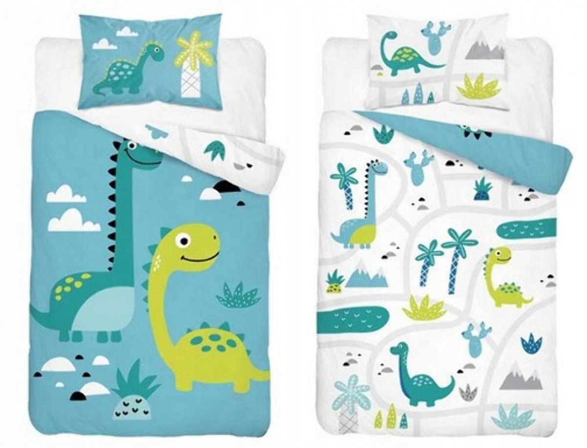 Kinderbeddengoed 90x120cm, Katoen, Dinosaurus, Blauw/Groen