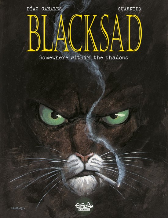 Boekomslag van Blacksad, met een boze zwarte kat die rook uitblaast uit een sigaret.