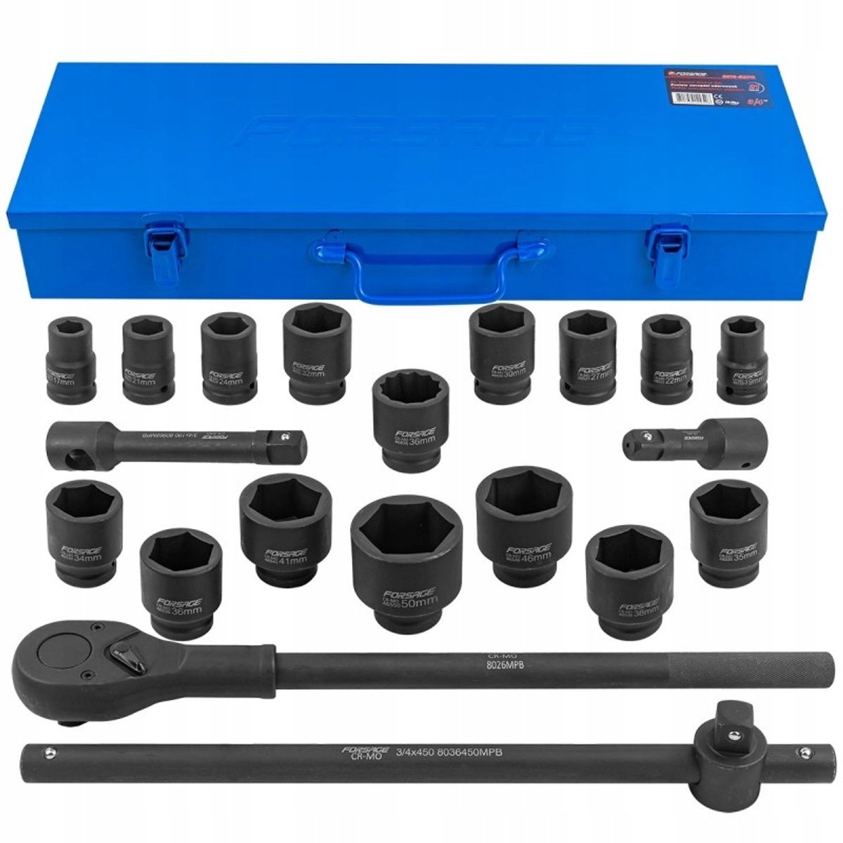 Slagmoerdoppen Set 3/4" 21 Delig 17-50 mm metalen behuizing