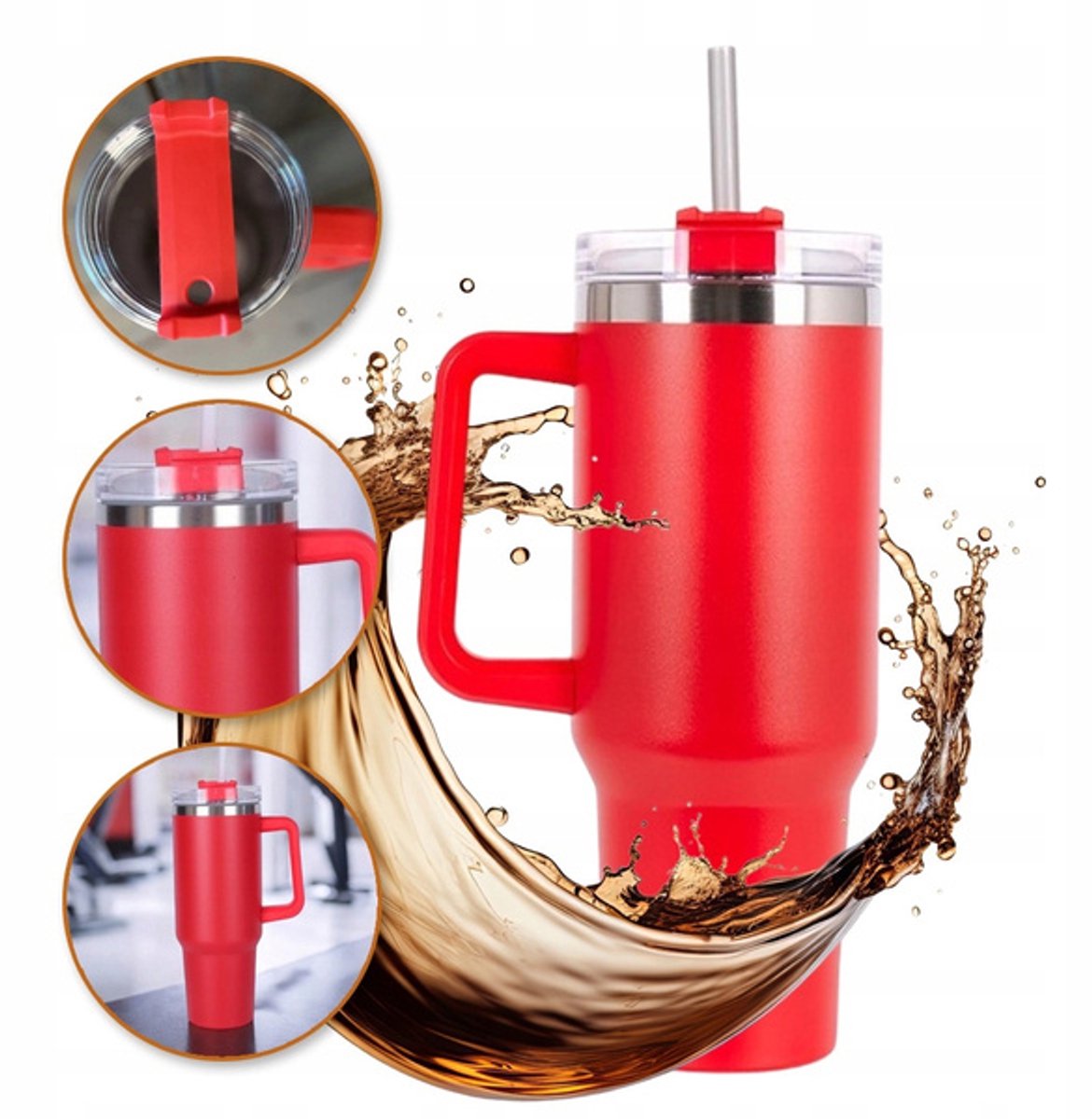 ECARLA Thermosbeker met Handvat en Rietje - 1L Rood
