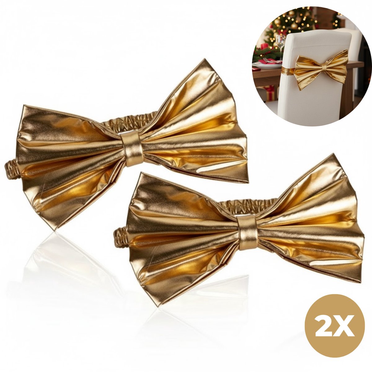 Lomera Kerst Stoelstrik - Stoelstrik Goud - Set van 2 - Polyester Materiaal - Stoeldecoratie Kerst - Kerst Decoratie - Stoelstrikken Set - Gouden Decoratie - Kerst Feest - Kerst Accessoires - Rode Strik - Kerst Interieur