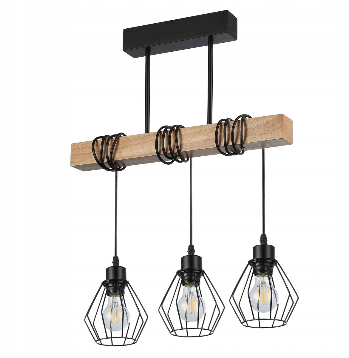 Hanglamp Industriële Stijl E27 3x, Zwart Hout, 50cm