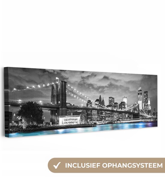 Toile noir et blanc de la skyline de New York avec le pont de Brooklyn, avec le texte "SYSTÈME DE SUSPENSION INCLUS".